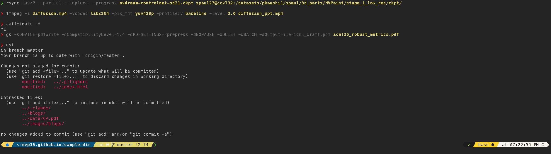 Close-up of the Powerlevel10k prompt with transient old prompts