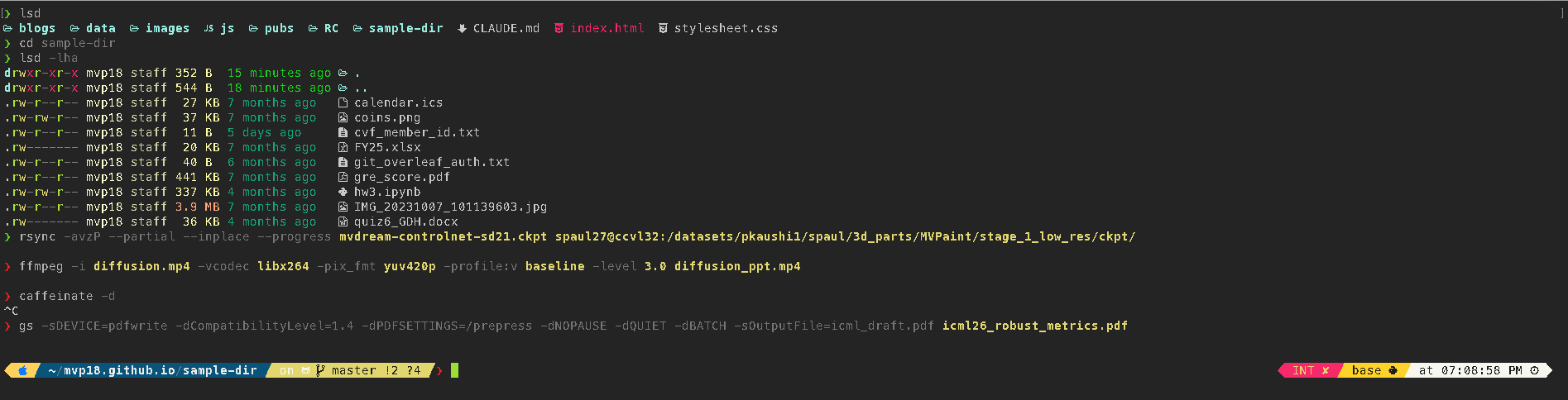Full terminal showing prompt, lsd output, and right-side status segments
