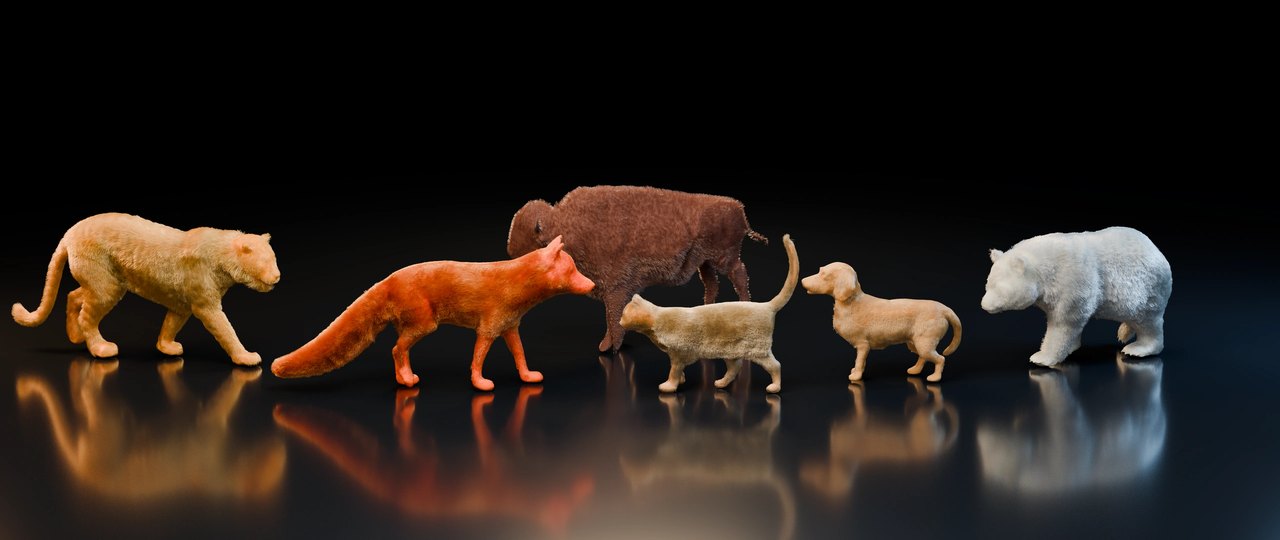 Teaser figure: six reconstructed furry animals with strand-level fur in a dark studio: tiger, fox, cat, beagle, panda, and a bison behind them.