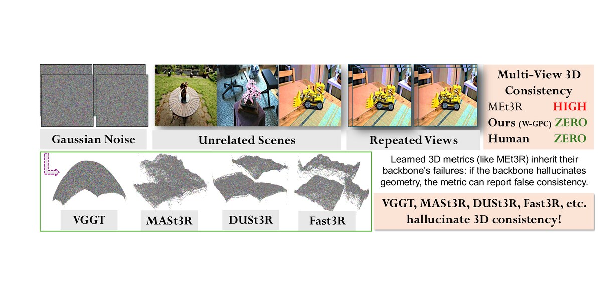 Teaser figure: learned 3D backbones hallucinate dense geometry on cross-scene, repeated, and Gaussian-noise inputs.